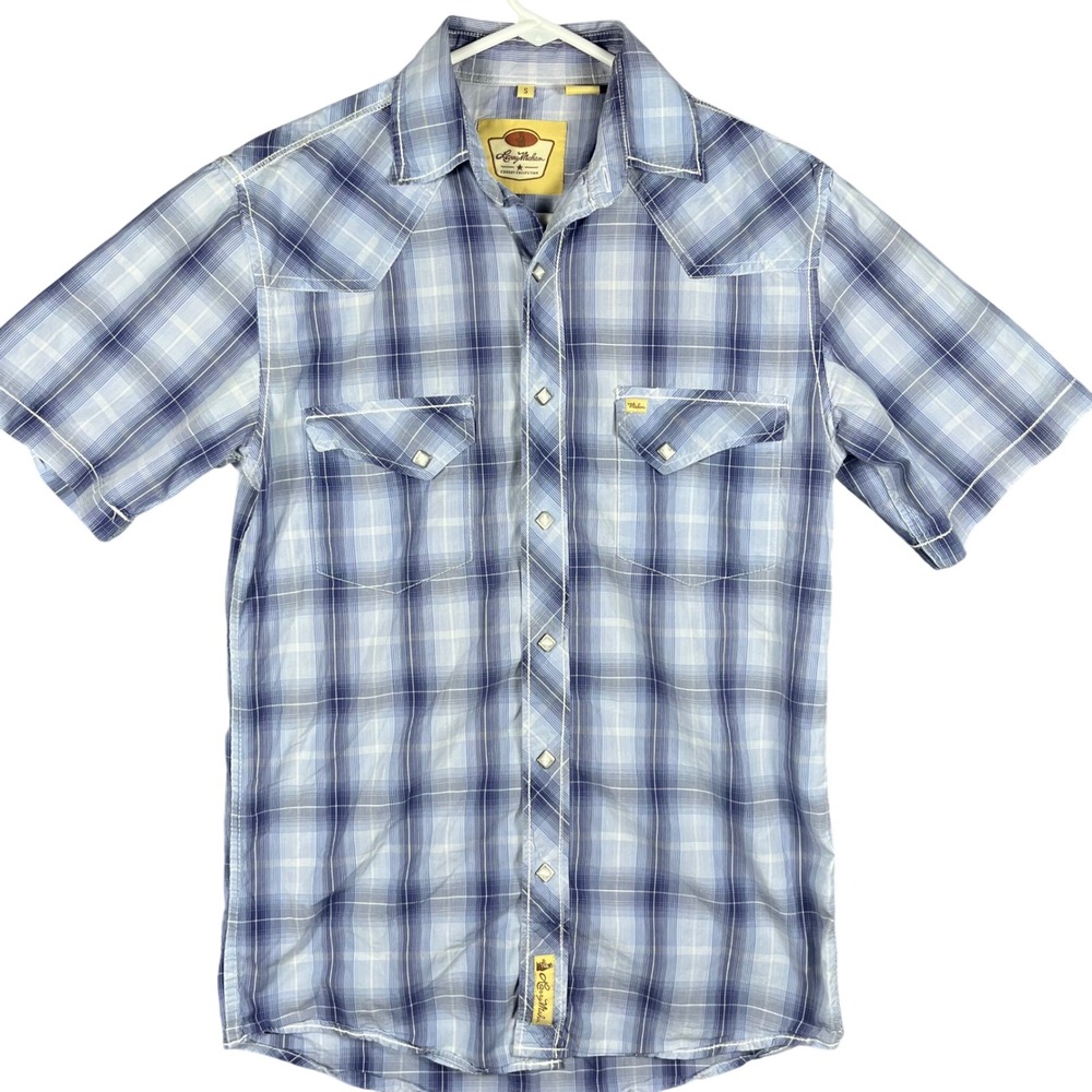 Larry Mahan Western Shirt Mens Small Blue Plaid Pearl Snap Short Sleeve Cotton